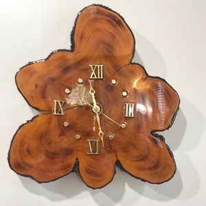 Vintage Live Edge Wood Slab Clock MCM Gold Gloss
